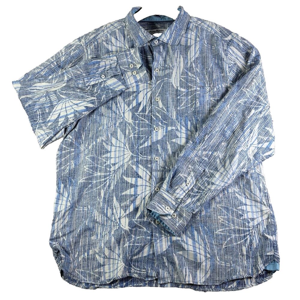 Tommy Bahama Paradise Sketch Linen Shirt Mens Large Floral Blue Long Sleeve